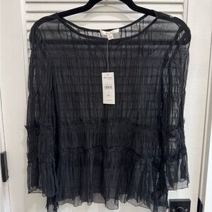 Ella Moss Black Sheer Ruffled Peasant Blouse XS NWT Retail $198